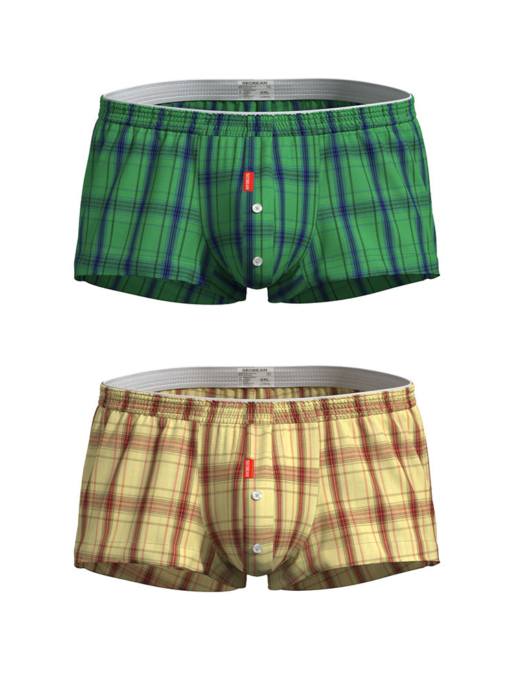 2 Pack Men's Cotton Plaid Boxers with 3D U-Pouch and Button Fly