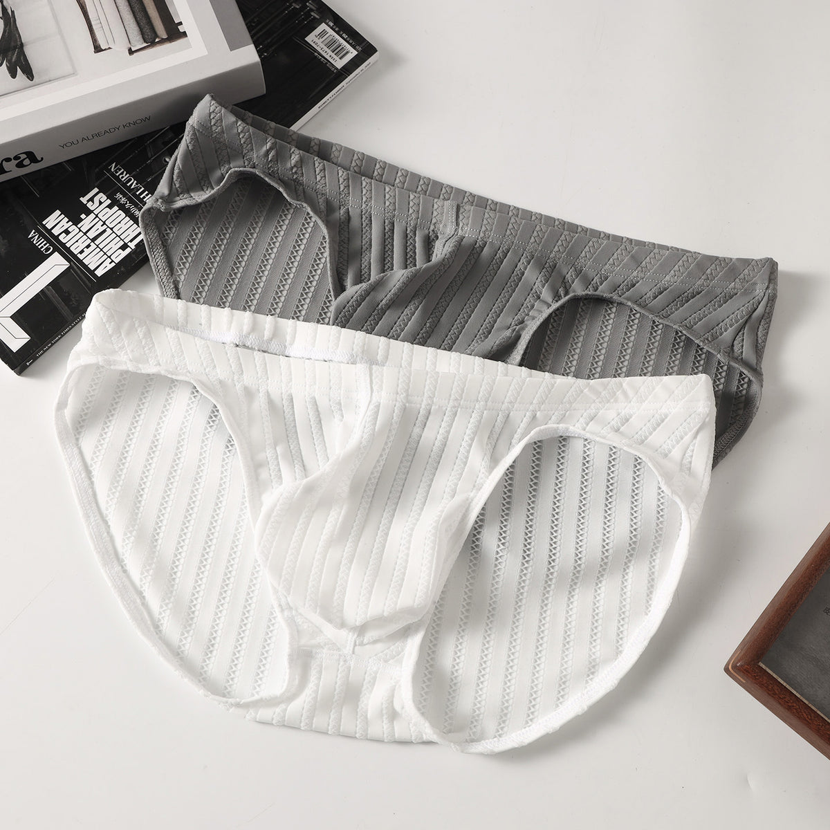 Solid Color Striped Sexy Large Pocket Briefs