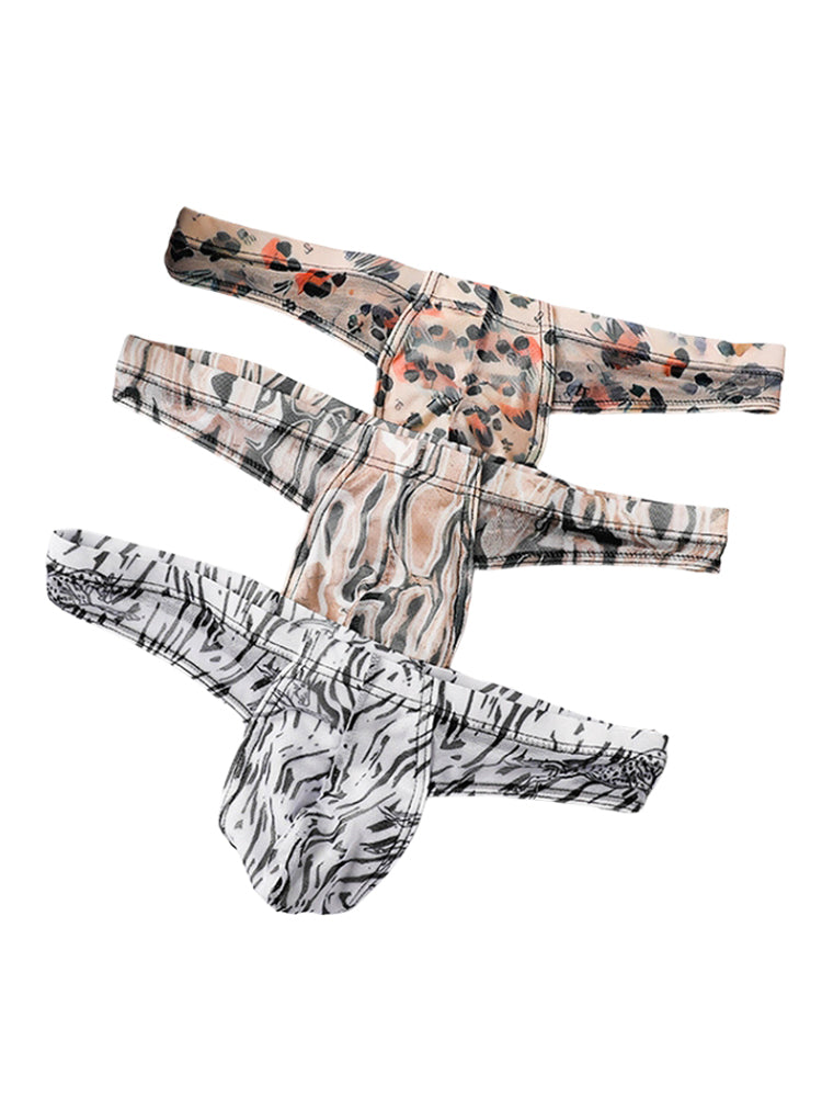 3 Pack Men's Ice-Silk Leopard Mesh Thong with Double-Lined Crotch