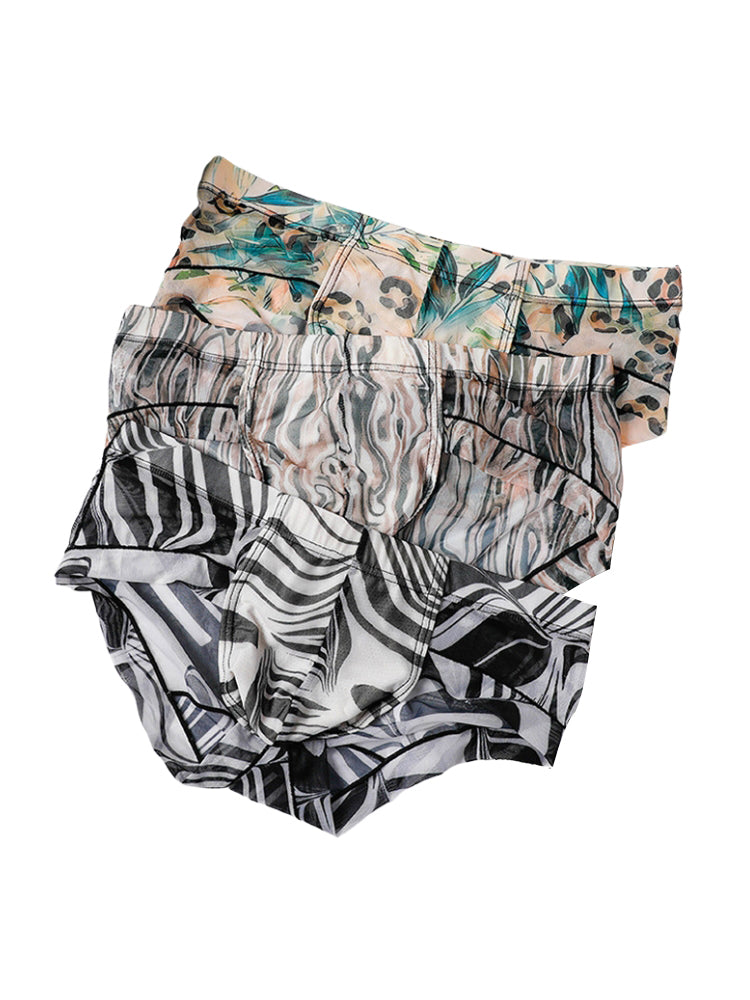 3 Pack Men's Ice-Silk Leopard Mesh Support Pouch Briefs