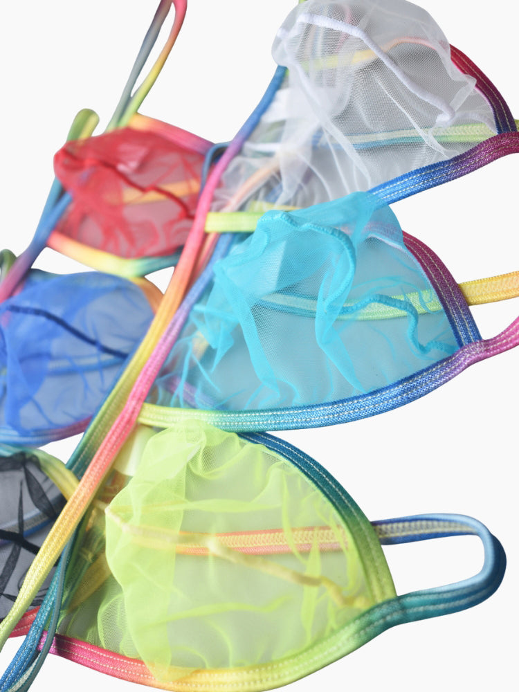 3 Pack Men's Sexy Mesh Strings with Rainbow Waistband