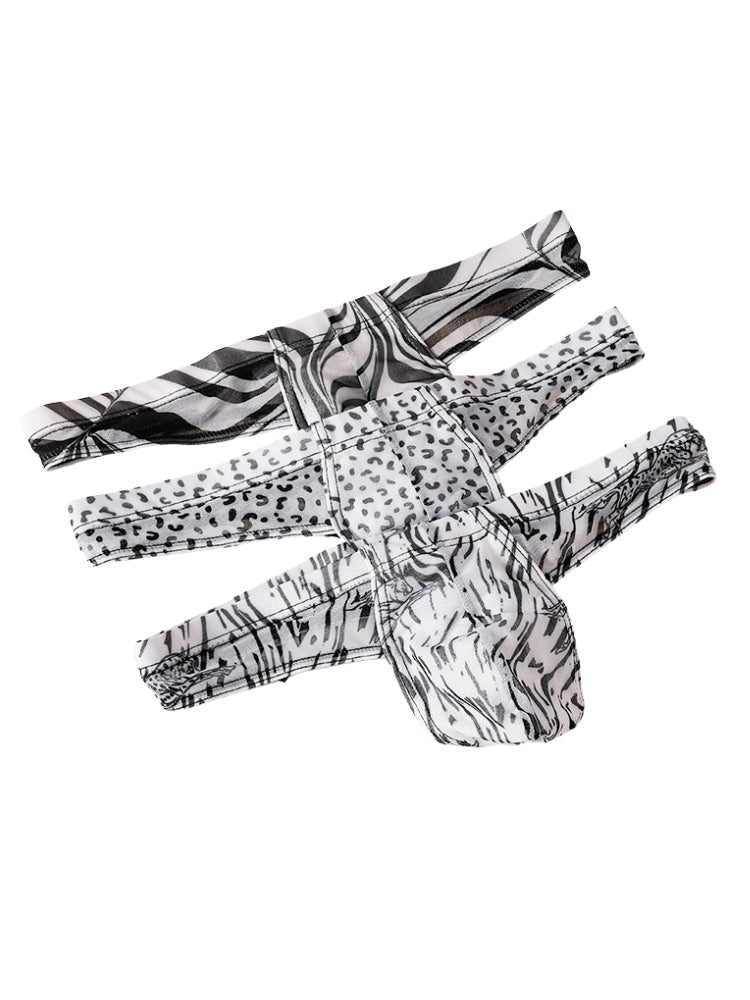 3 Pack Men's Ice-Silk Leopard Mesh Thong with Double-Lined Crotch