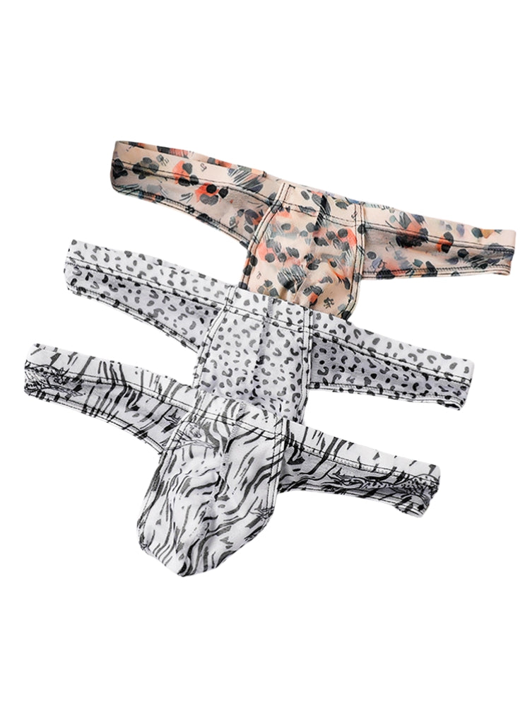 3 Pack Men's Ice-Silk Leopard Mesh Thong with Double-Lined Crotch