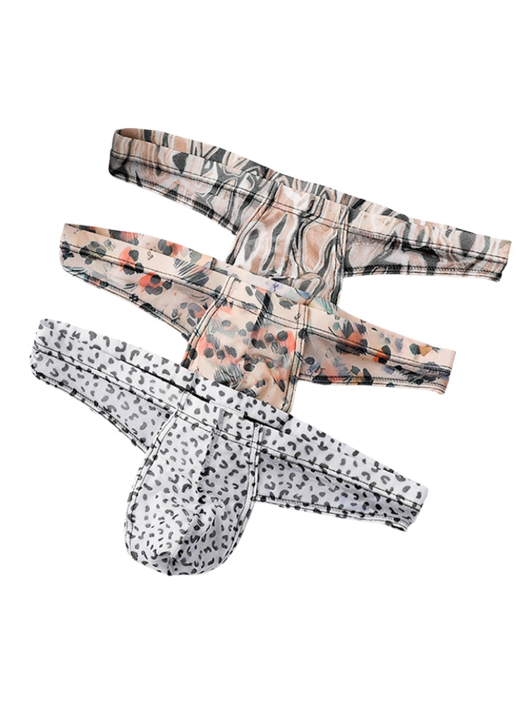 3 Pack Men's Ice-Silk Leopard Mesh Thong with Double-Lined Crotch