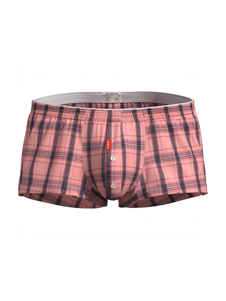 2 Pack Men's Cotton Plaid Boxers with 3D U-Pouch and Button Fly