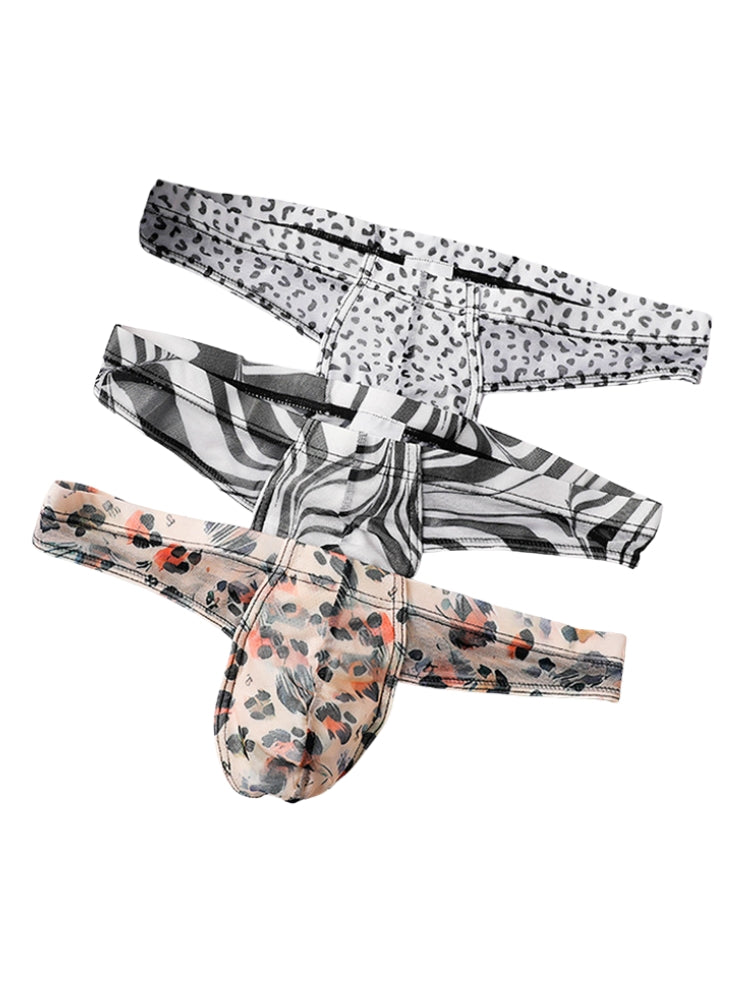 3 Pack Men's Ice-Silk Leopard Mesh Thong with Double-Lined Crotch