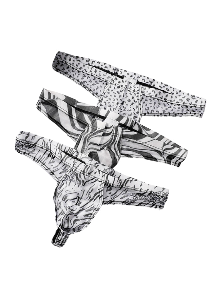 3 Pack Men's Ice-Silk Leopard Mesh Thong with Double-Lined Crotch