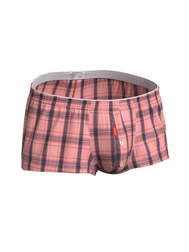 2 Pack Men's Cotton Plaid Boxers with 3D U-Pouch and Button Fly