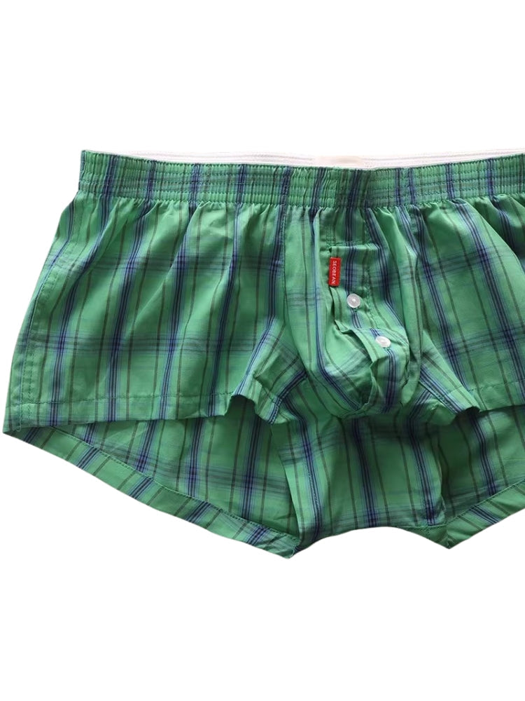 2 Pack Men's Cotton Plaid Boxers with 3D U-Pouch and Button Fly