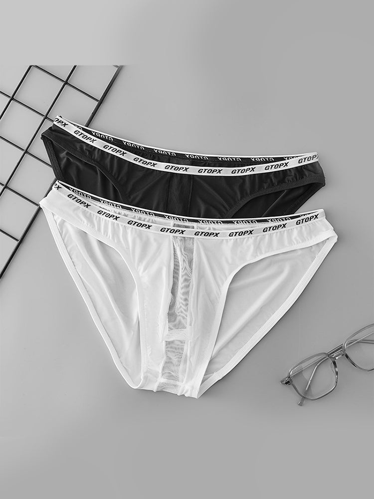 2 Pack Men's Low-Rise Sporty Ice-Silk Bikini with Mesh Front and U-Contour Pouch