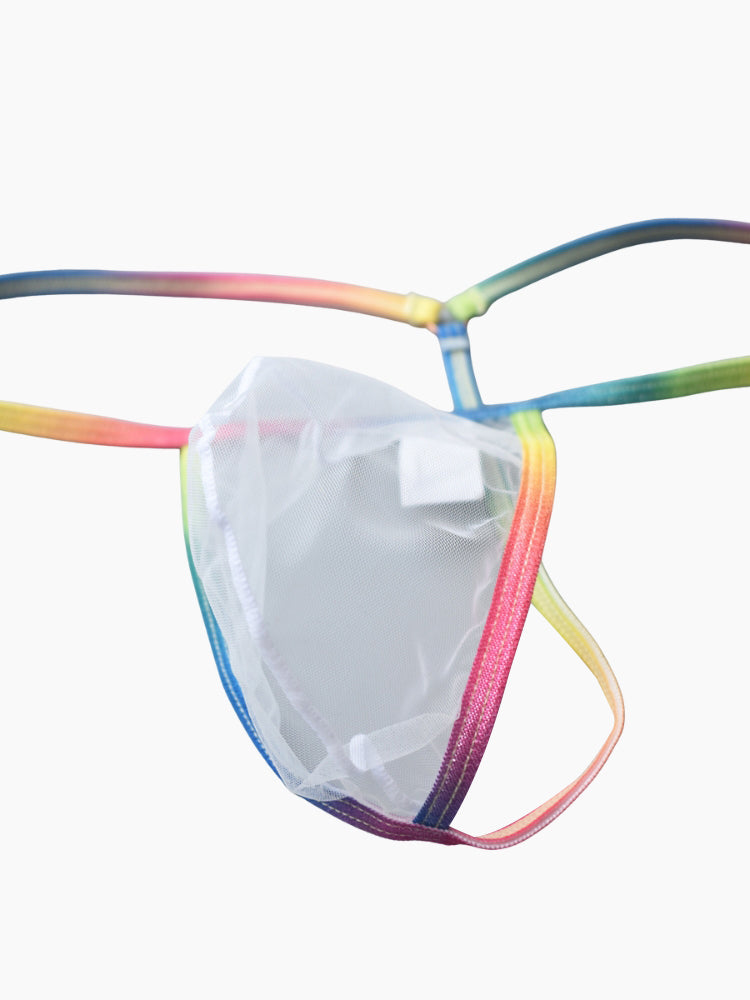 3 Pack Men's Sexy Mesh Strings with Rainbow Waistband
