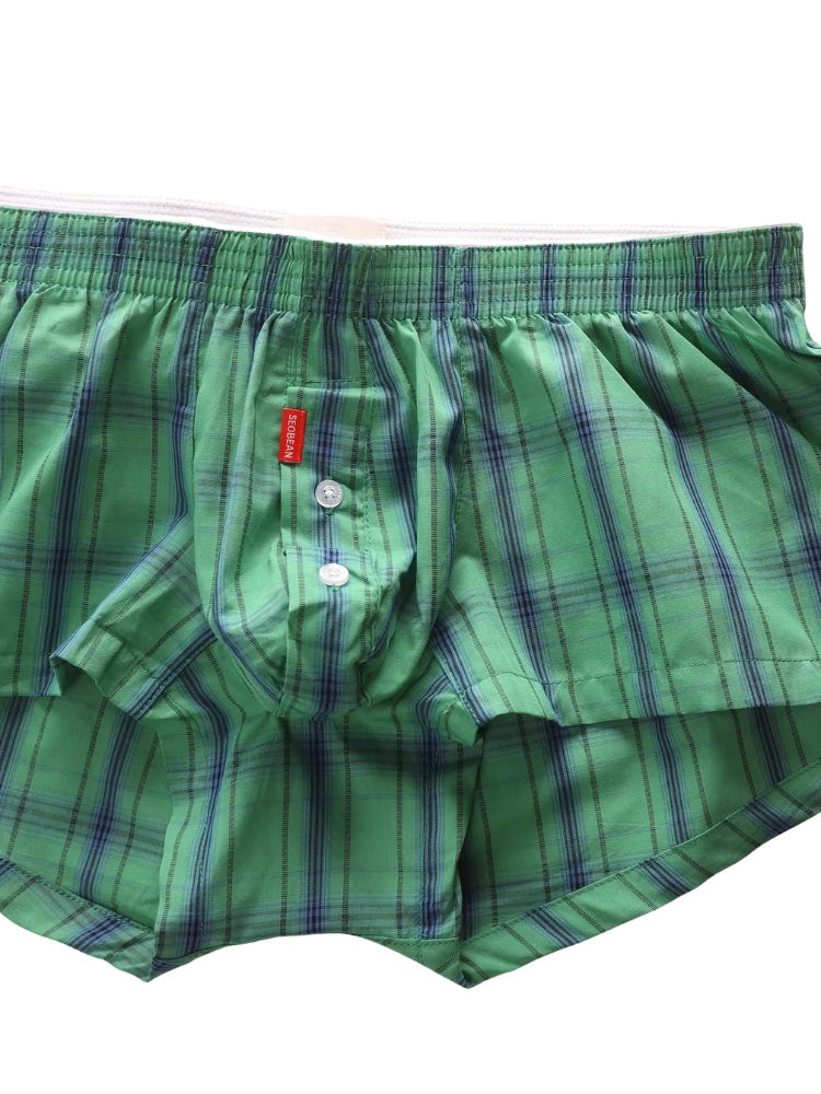 2 Pack Men's Cotton Plaid Boxers with 3D U-Pouch and Button Fly