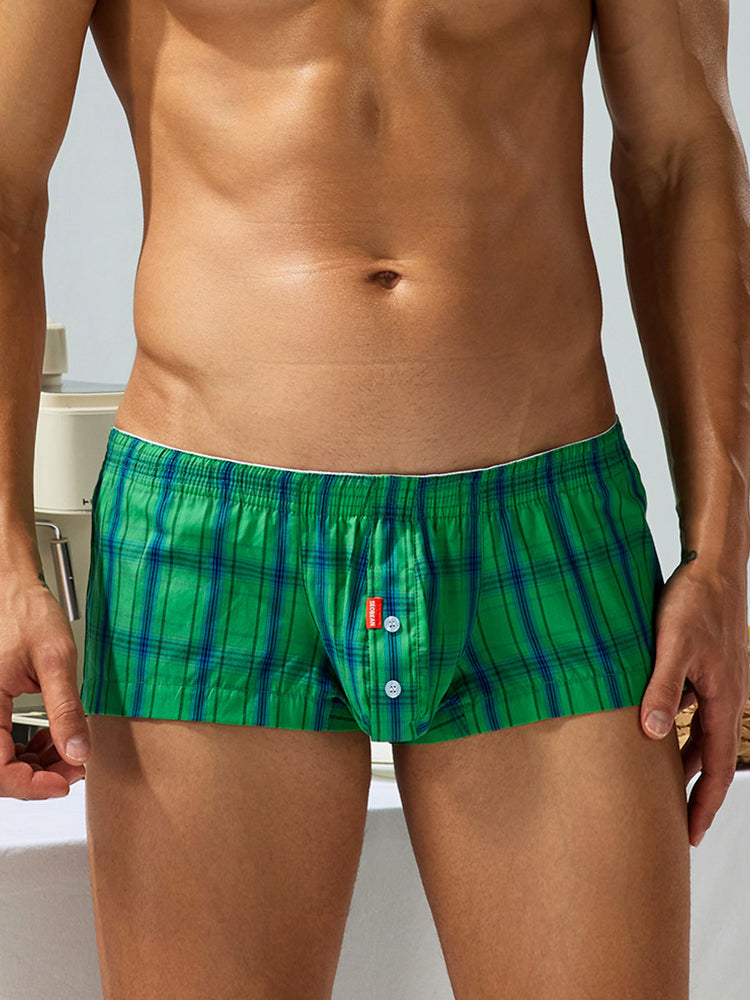 2 Pack Men's Cotton Plaid Boxers with 3D U-Pouch and Button Fly