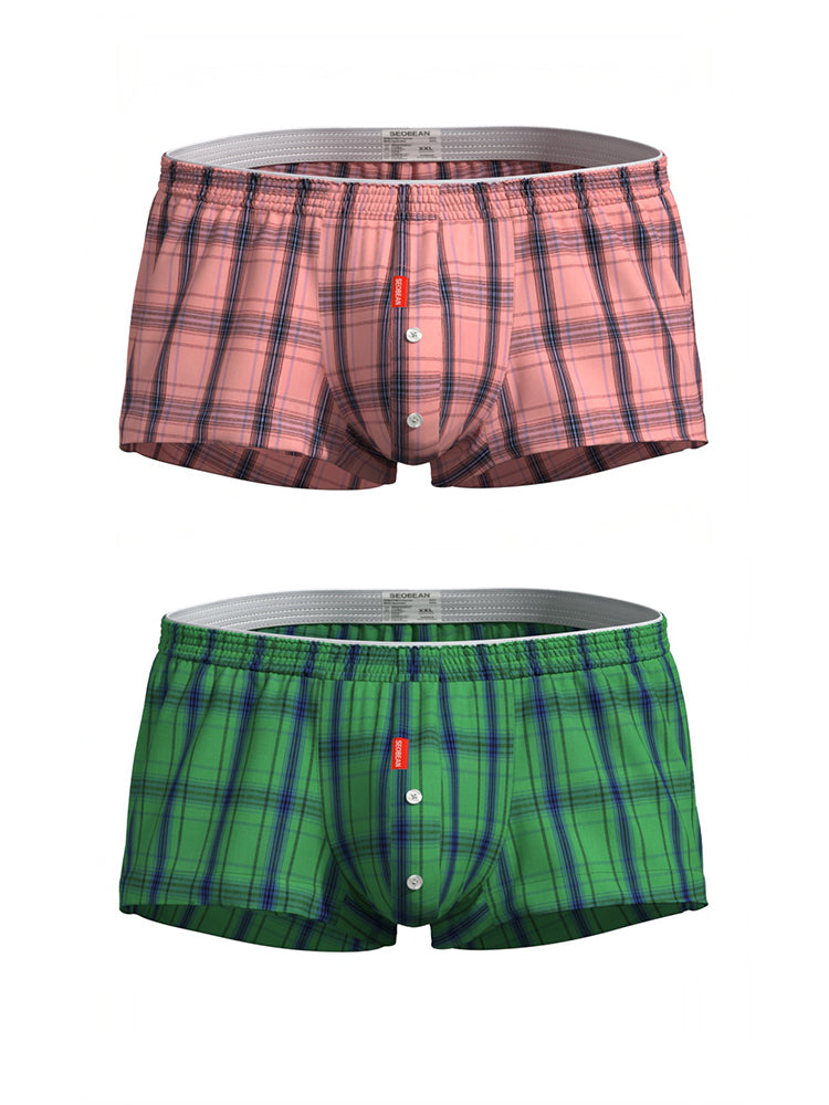 2 Pack Men's Cotton Plaid Boxers with 3D U-Pouch and Button Fly