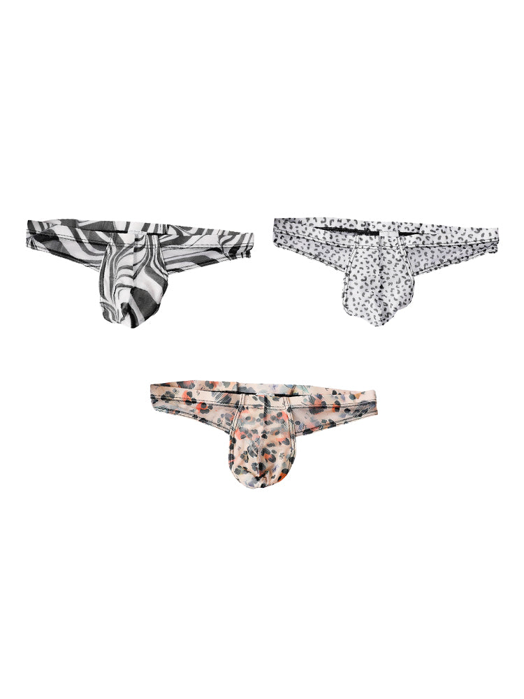 3 Pack Men's Ice-Silk Leopard Mesh Thong with Double-Lined Crotch