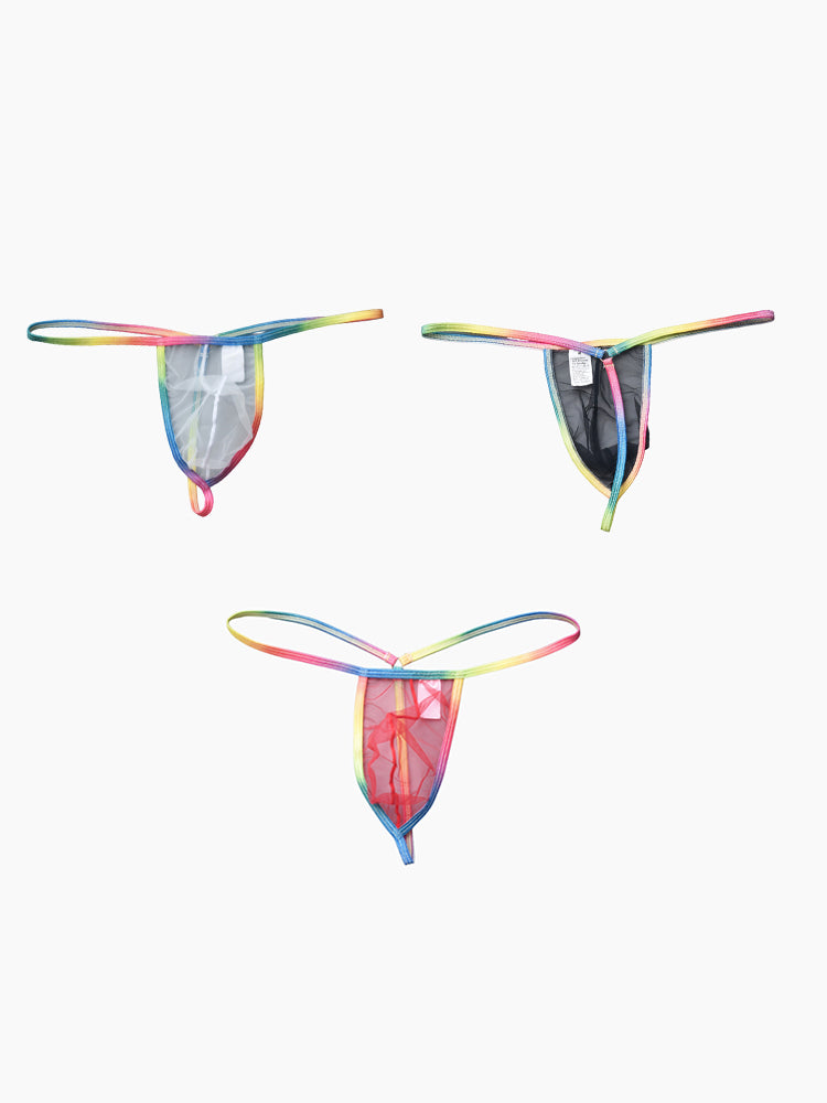 3 Pack Men's Sexy Mesh Strings with Rainbow Waistband