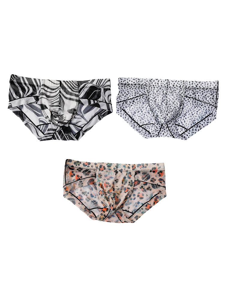 3 Pack Men's Ice-Silk Leopard Mesh Support Pouch Briefs