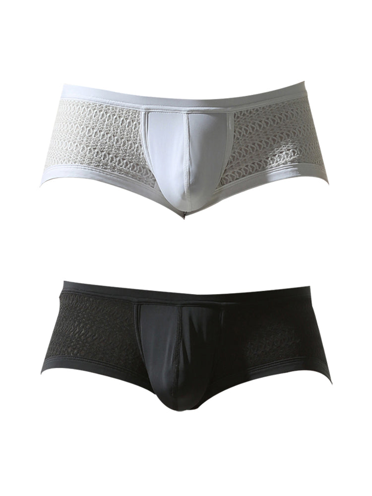 2 Pack Men's Sexy Semi-Sheer Lace Mesh Trunks with Contoured U-Pouch