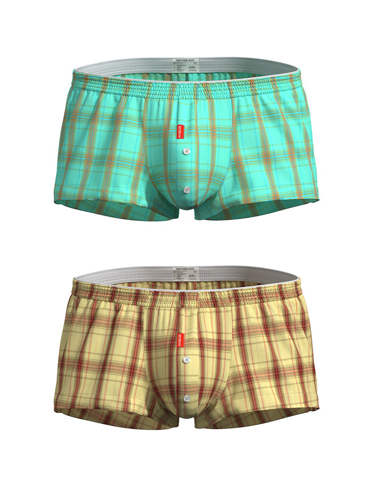 2 Pack Men's Cotton Plaid Boxers with 3D U-Pouch and Button Fly