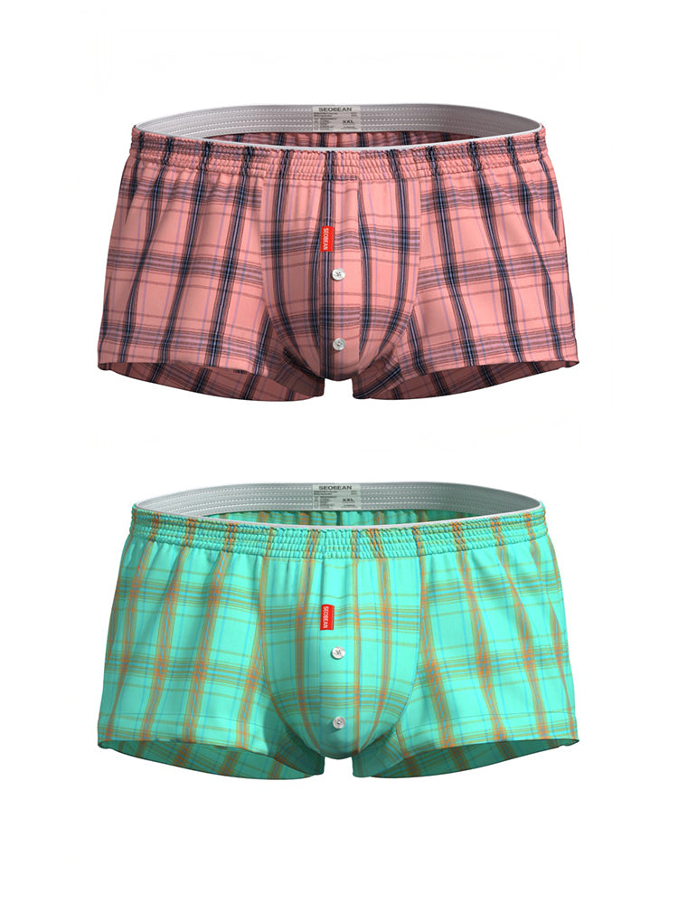 2 Pack Men's Cotton Plaid Boxers with 3D U-Pouch and Button Fly