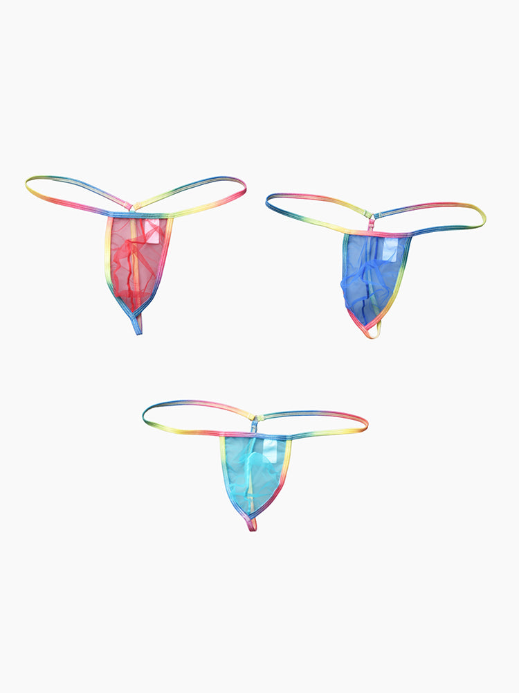 3 Pack Men's Sexy Mesh Strings with Rainbow Waistband