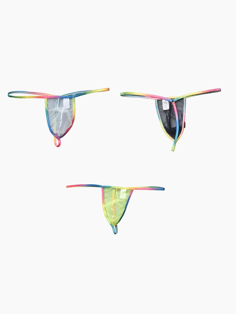 3 Pack Men's Sexy Mesh Strings with Rainbow Waistband